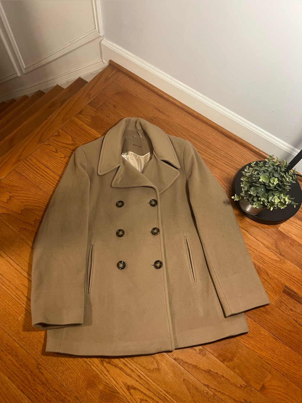 Calvin Klein Double-Breasted Pea Coat in Beige
